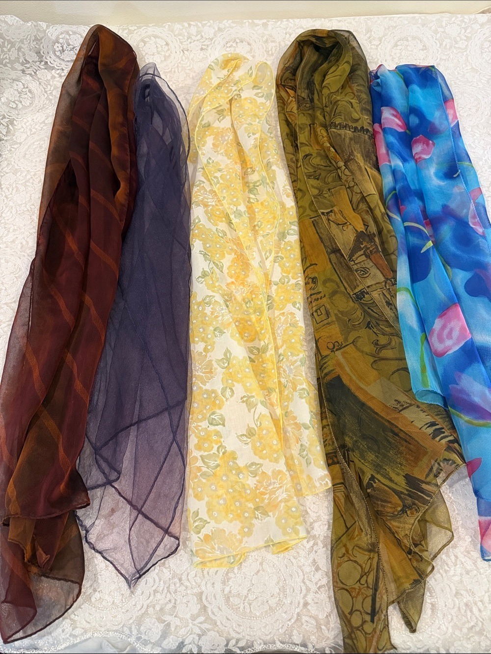 5Lightweight Floral and Solid Sheer Scarves - Yellow, Blue, Brown, Olive, Purple